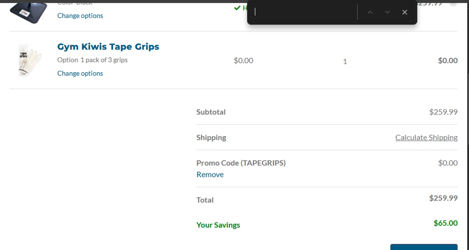 Tumbl Trak promo code screenshot showing code TAPEGRIPS applied at Tumbl Trak checkout page. Uploaded by SimplyCodes community member ashe1986 on Dec 15, 2025