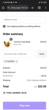 Katie25 coupon verification screenshot