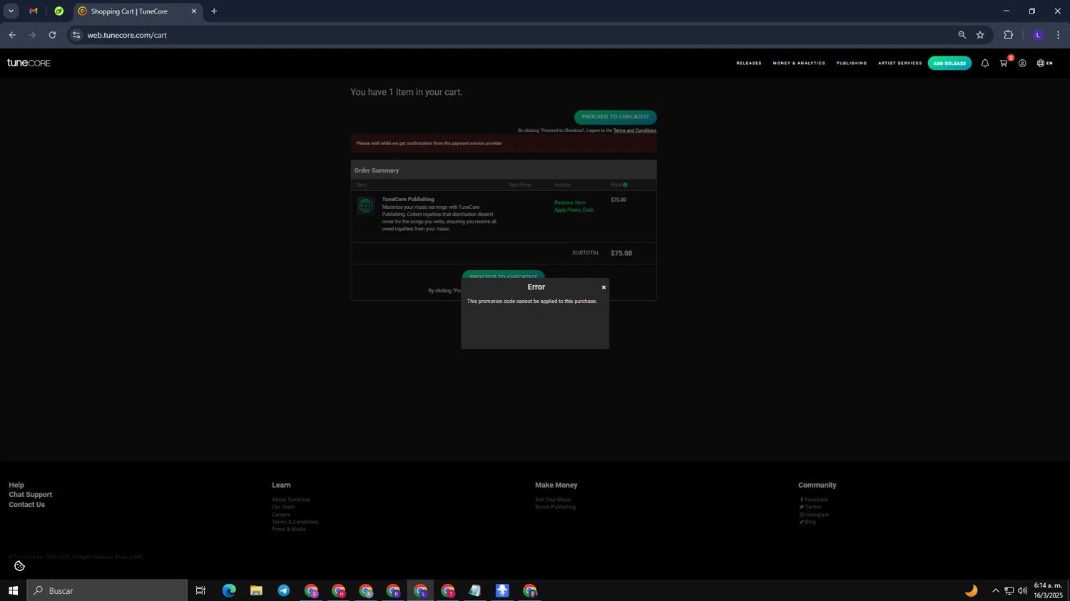 Tune Core promo code screenshot showing code SINGLE50 applied at Tune Core checkout page. Uploaded by SimplyCodes community member CoinElite8726 on Mar 16, 2025