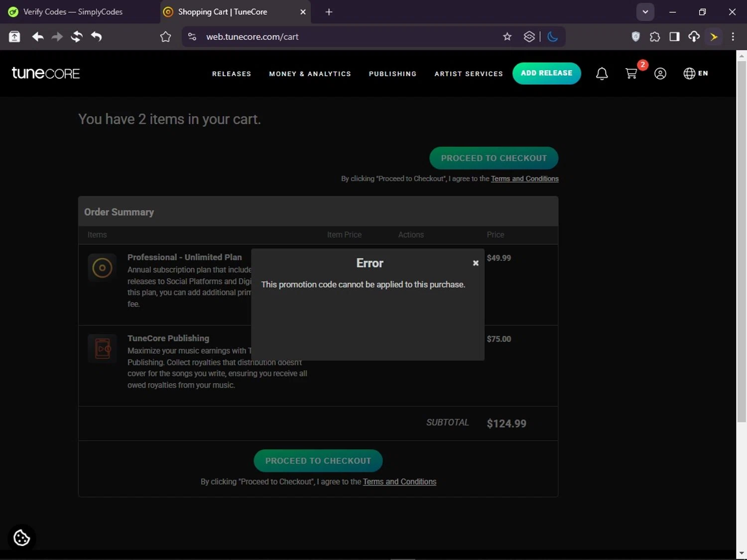 Tune Core promo code screenshot showing code SINGLE50 applied at Tune Core checkout page. Uploaded by SimplyCodes community member CashScout2884 on Mar 16, 2025