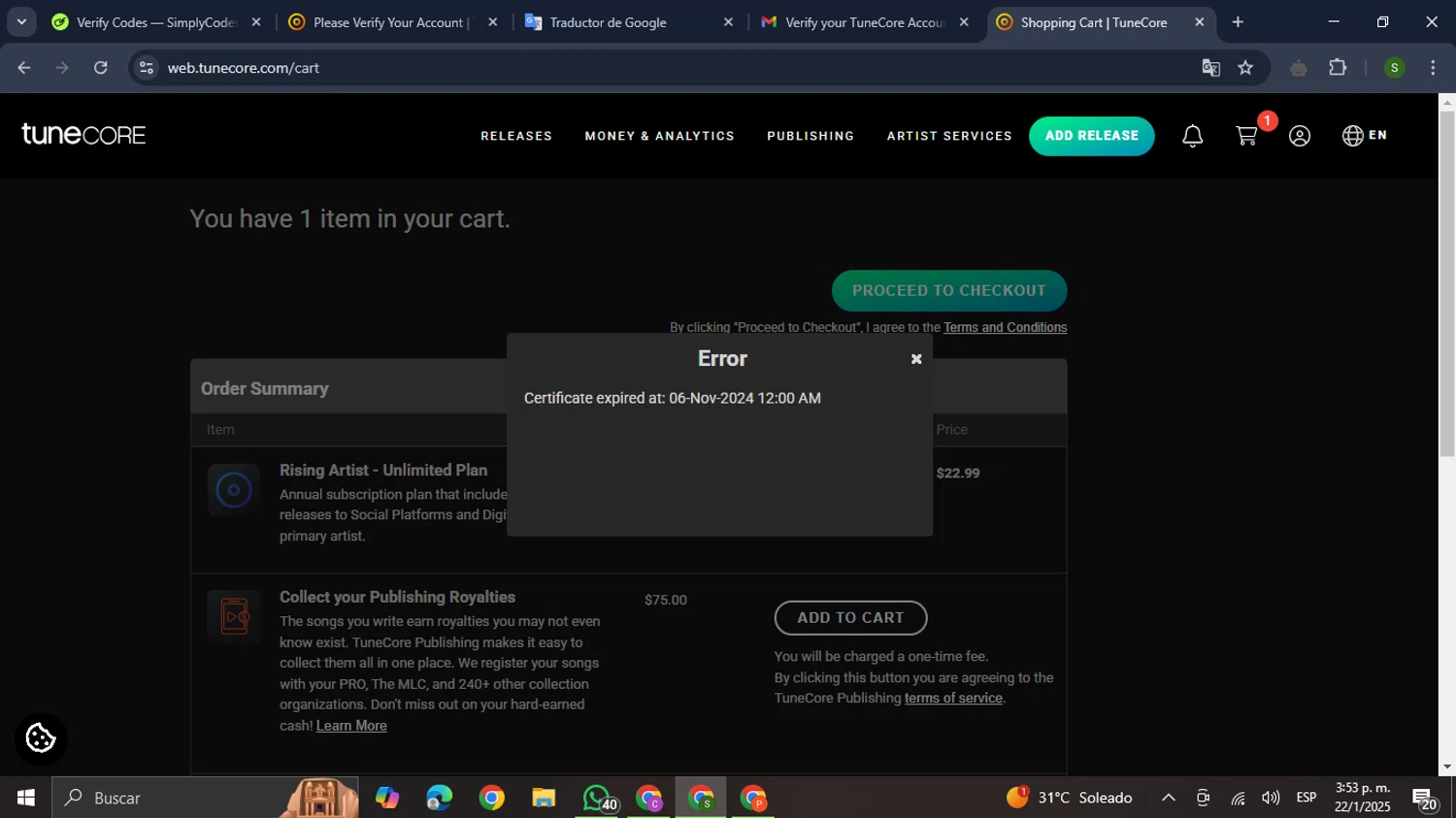 Tune Core promo code screenshot showing code PANDA20 applied at Tune Core checkout page. Uploaded by SimplyCodes community member RewardMaverick445 on Jan 22, 2025
