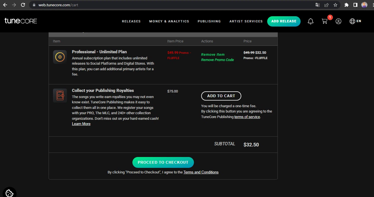 Tune Core checkout page showing Tune Core promo code box | Screenshot taken by SimplyCodes community member on Oct 10, 2025