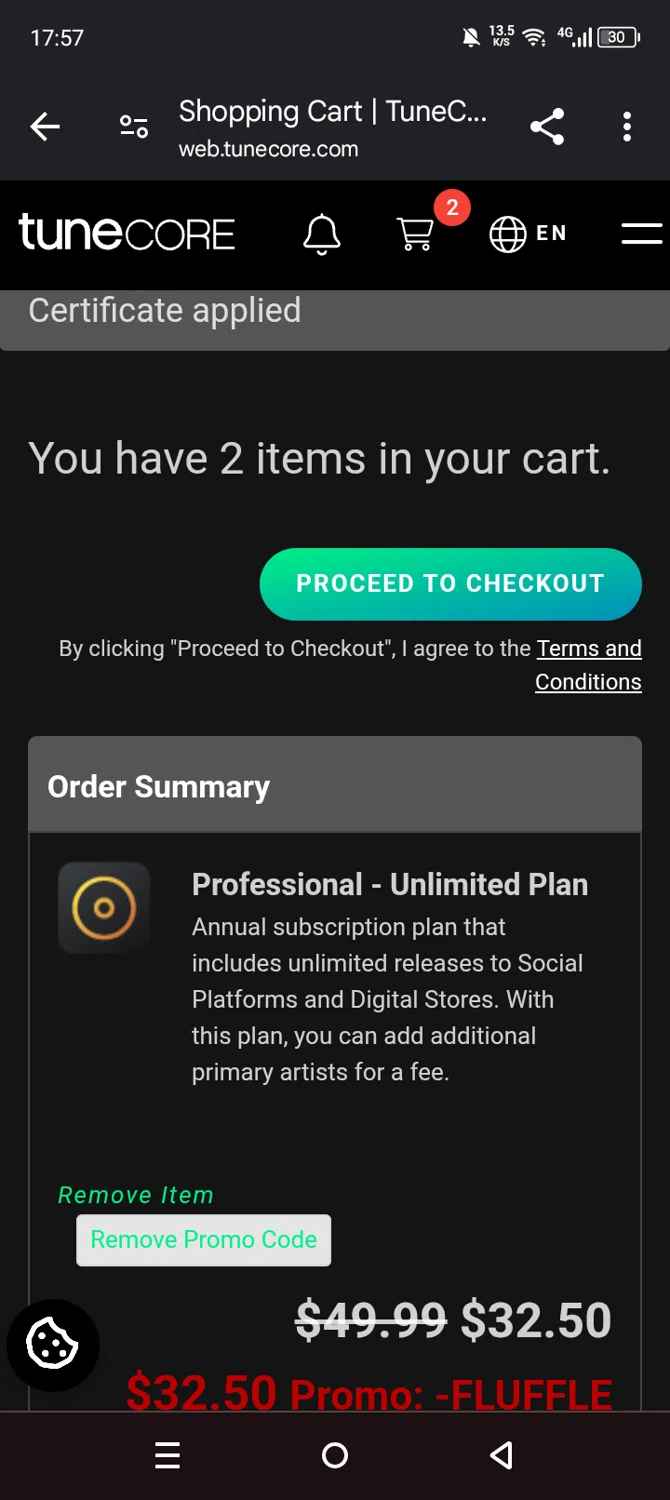 Tune Core checkout page showing Tune Core promo code box | Screenshot taken by SimplyCodes community member on Jan 28, 2026