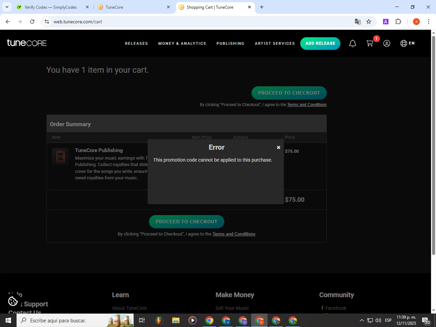 Tune Core promo code screenshot showing code FLUFFLE applied at Tune Core checkout page. Uploaded by SimplyCodes community member partenalgas on Nov 13, 2025