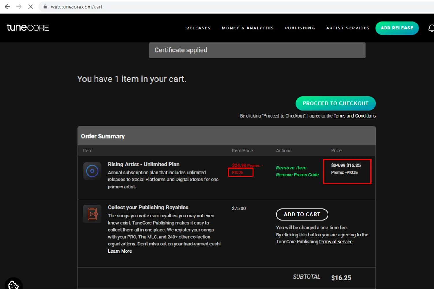 Tune Core promo code screenshot showing code PIO35 applied at Tune Core checkout page. Uploaded by SimplyCodes community member nileskamarcano on Jun 15, 2026