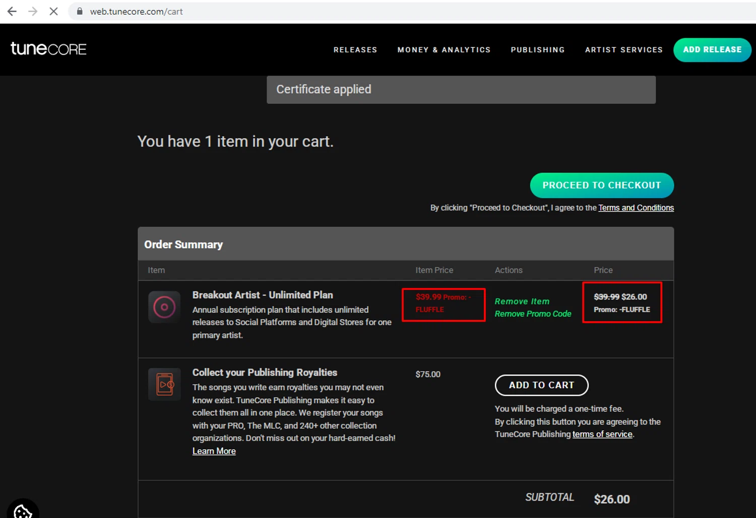 Tune Core promo code screenshot showing code FLUFFLE applied at Tune Core checkout page. Uploaded by SimplyCodes community member nileskamarcano on Jan 28, 2026