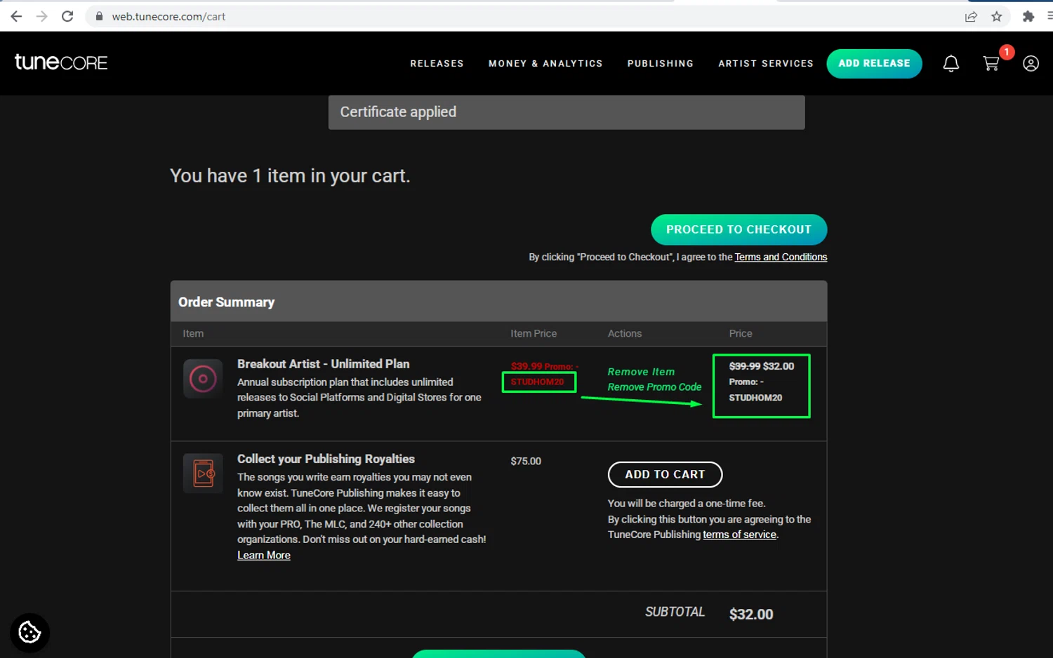 Tune Core promo code screenshot showing code STUDHOM20 applied at Tune Core checkout page. Uploaded by SimplyCodes community member nileskamarcano on Jan 16, 2026