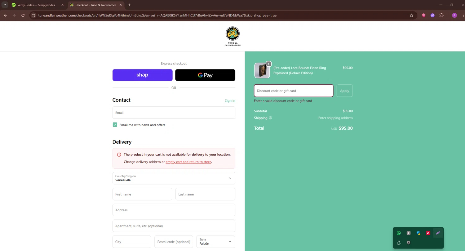 Tune & Fairweather discount code screenshot showing code SAVE10 applied at Tune & Fairweather checkout page. Uploaded by SimplyCodes community member RoyalSentinel4577 on Nov 30, 2025