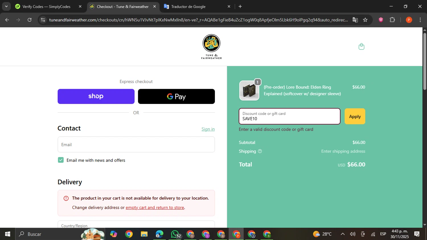 Tune & Fairweather discount code screenshot showing code SAVE10 applied at Tune & Fairweather checkout page. Uploaded by SimplyCodes community member VictoriousCaptain2658 on Nov 30, 2025