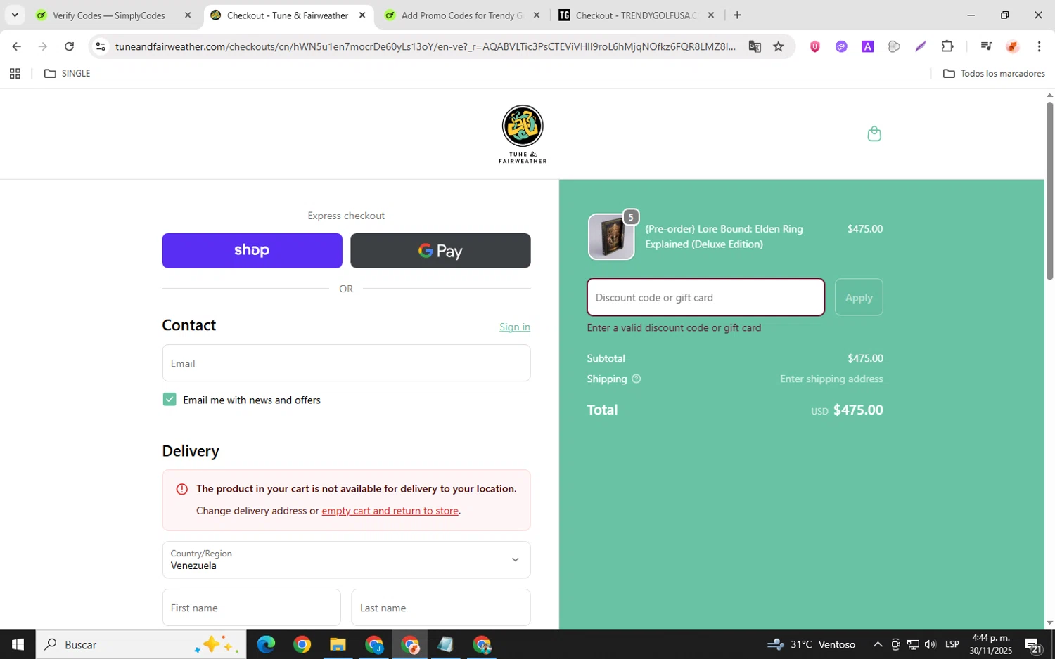 Tune & Fairweather discount code screenshot showing code SAVE10 applied at Tune & Fairweather checkout page. Uploaded by SimplyCodes community member donaldJtrump on Nov 30, 2025
