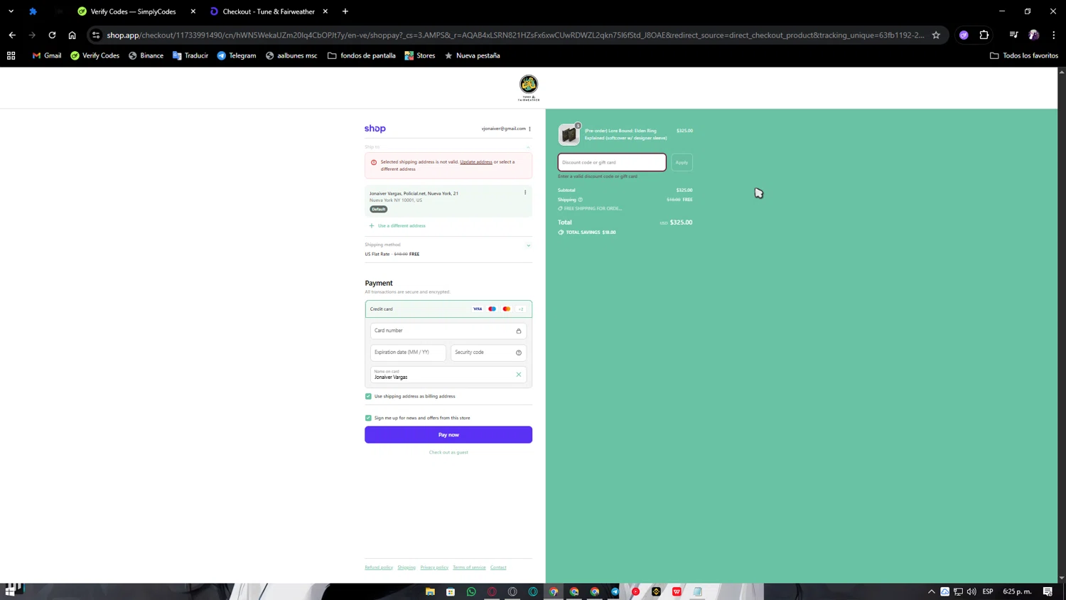 Tune & Fairweather discount code screenshot showing code SAVE15 applied at Tune & Fairweather checkout page. Uploaded by SimplyCodes community member Moderador on Nov 20, 2025