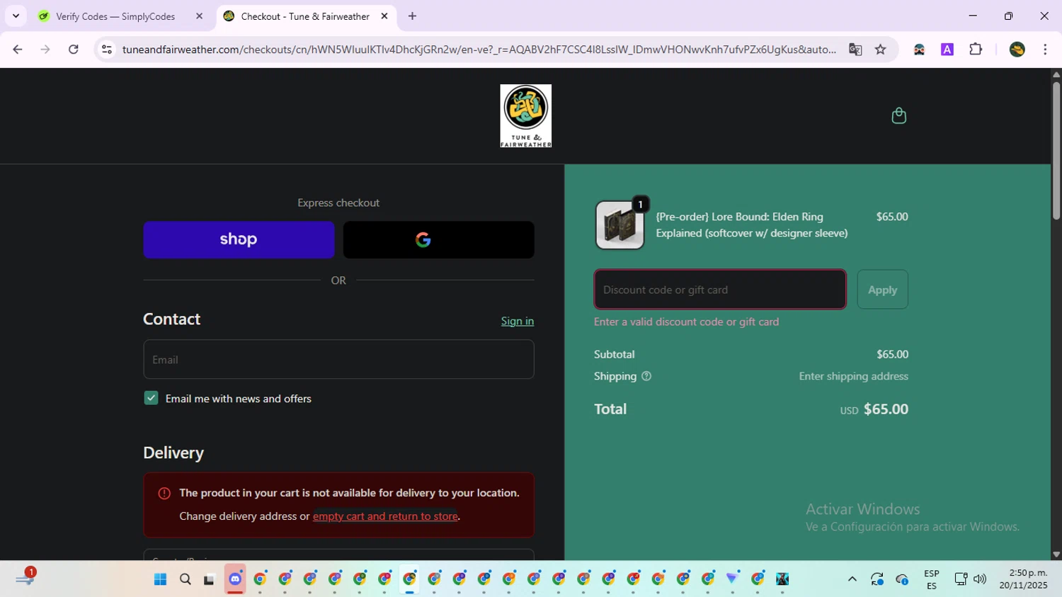 Tune & Fairweather discount code screenshot showing code SAVE15 applied at Tune & Fairweather checkout page. Uploaded by SimplyCodes community member RewardNavigator9728 on Nov 20, 2025