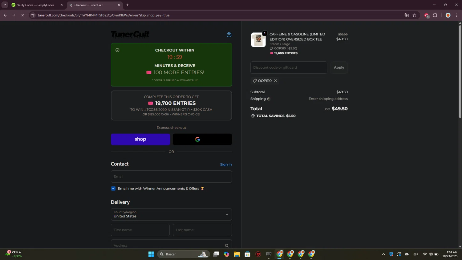 Tuner Cult promo code screenshot showing code OOPS10 applied at Tuner Cult checkout page. Uploaded by SimplyCodes community member CrownPioneer7057 on Oct 23, 2025