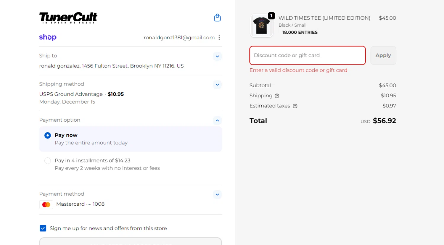 Tuner Cult promo code screenshot showing code OOPS10 applied at Tuner Cult checkout page. Uploaded by SimplyCodes community member Ronald13 on Dec 5, 2025