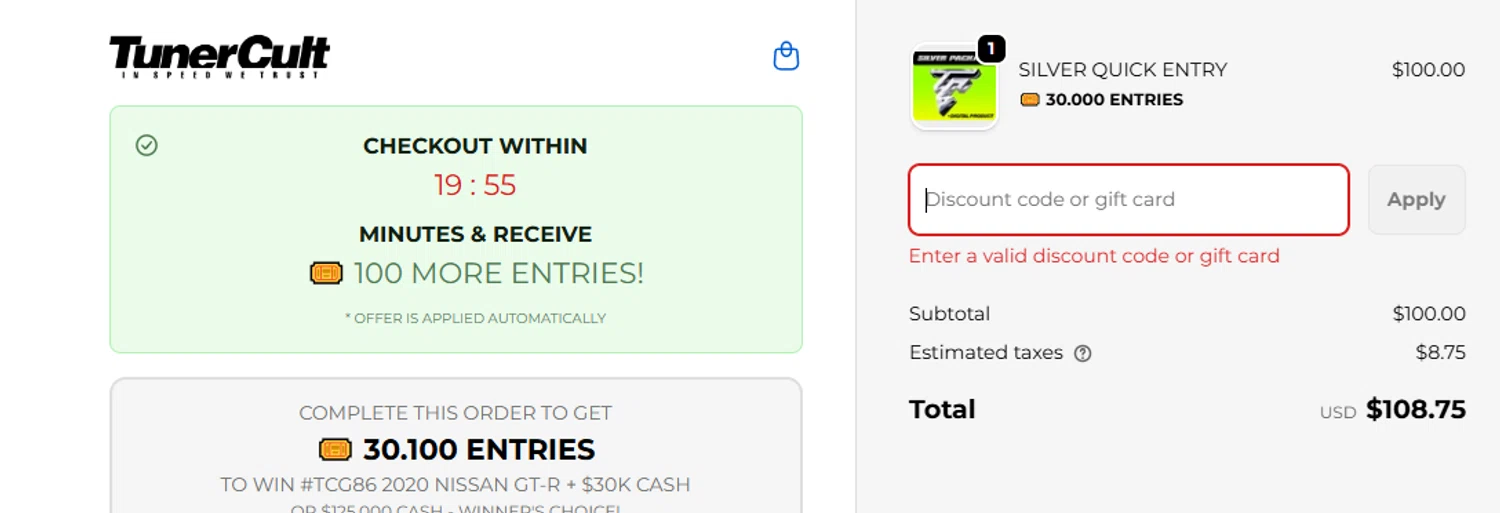 Tuner Cult promo code screenshot showing code TCG86 applied at Tuner Cult checkout page. Uploaded by SimplyCodes community member Olorinnnnn on Oct 19, 2025