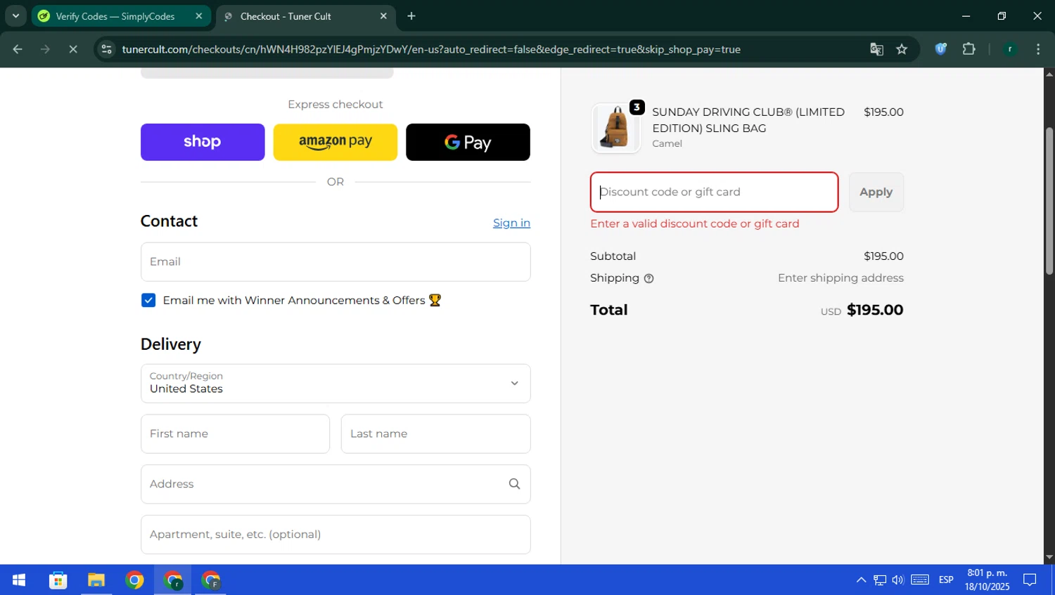 Tuner Cult promo code screenshot showing code TCG86 applied at Tuner Cult checkout page. Uploaded by SimplyCodes community member rodri1 on Oct 19, 2025