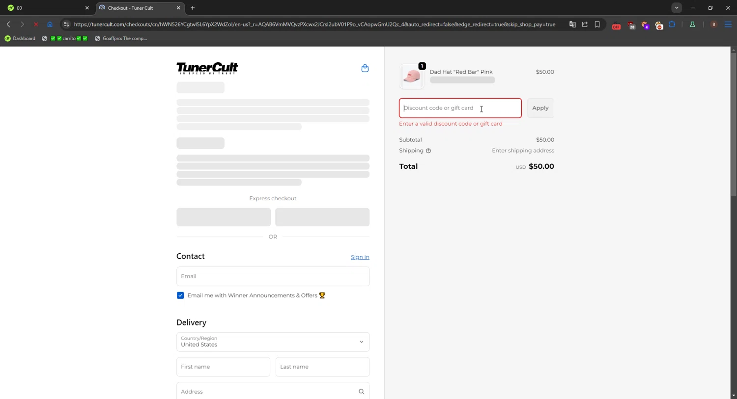 Tuner Cult promo code screenshot showing code TCG88 applied at Tuner Cult checkout page. Uploaded by SimplyCodes community member FrugalShopper1585 on Nov 7, 2025