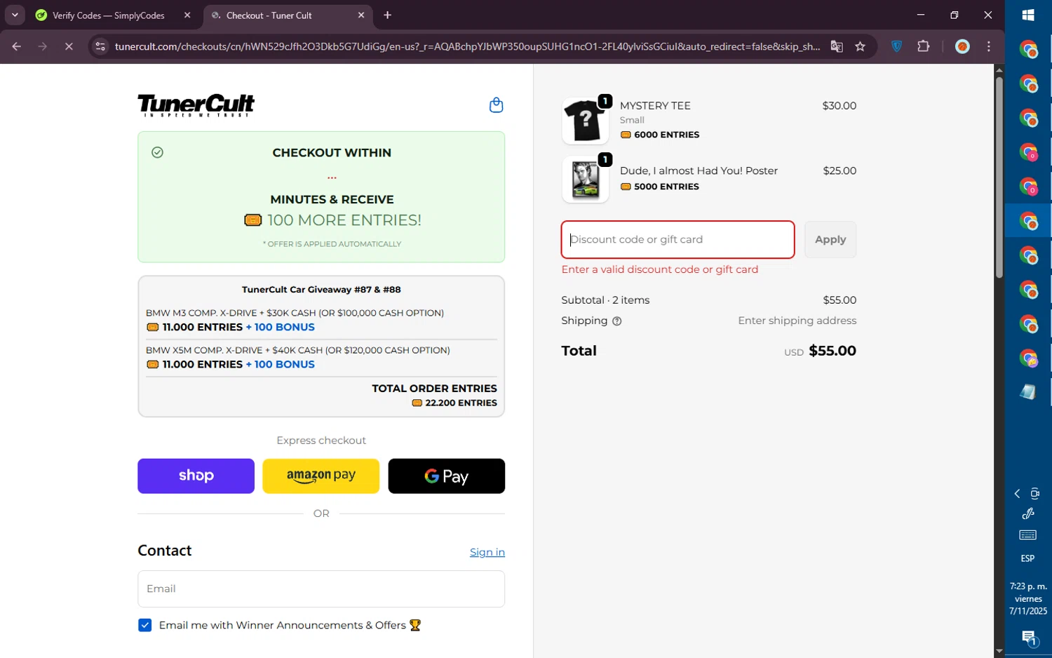 Tuner Cult promo code screenshot showing code TCG88 applied at Tuner Cult checkout page. Uploaded by SimplyCodes community member PromoVoyager8446 on Nov 7, 2025