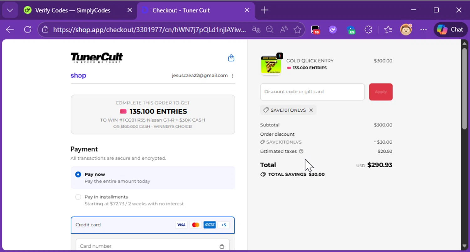 Tuner Cult promo code screenshot showing code SAVE10TONLVS applied at Tuner Cult checkout page. Uploaded by SimplyCodes community member Raibelys_18 on Jan 17, 2026