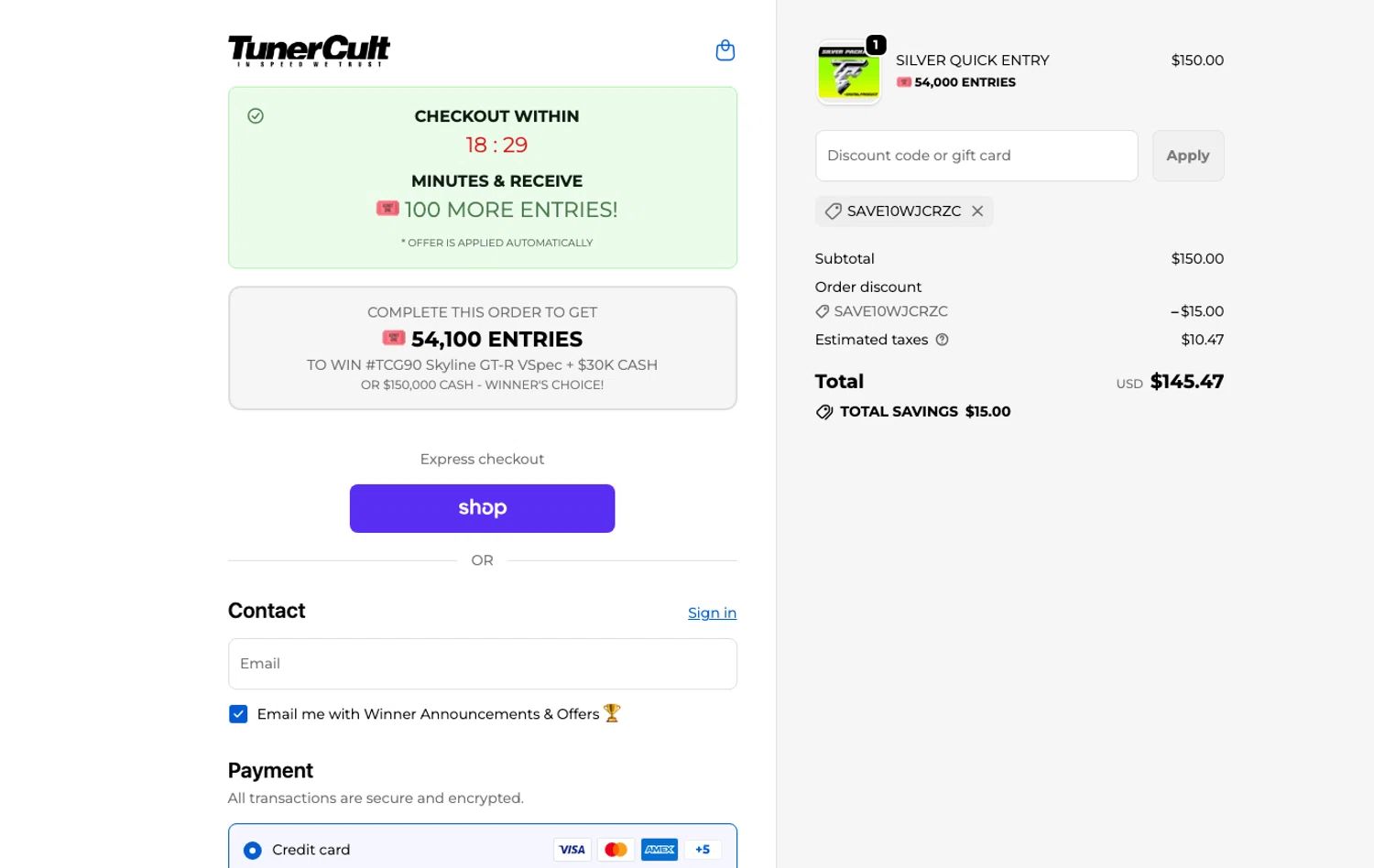 Tuner Cult promo code screenshot showing code SAVE10WJcrZc applied at Tuner Cult checkout page. Uploaded by SimplyCodes community member ELOIN777 on Dec 29, 2025