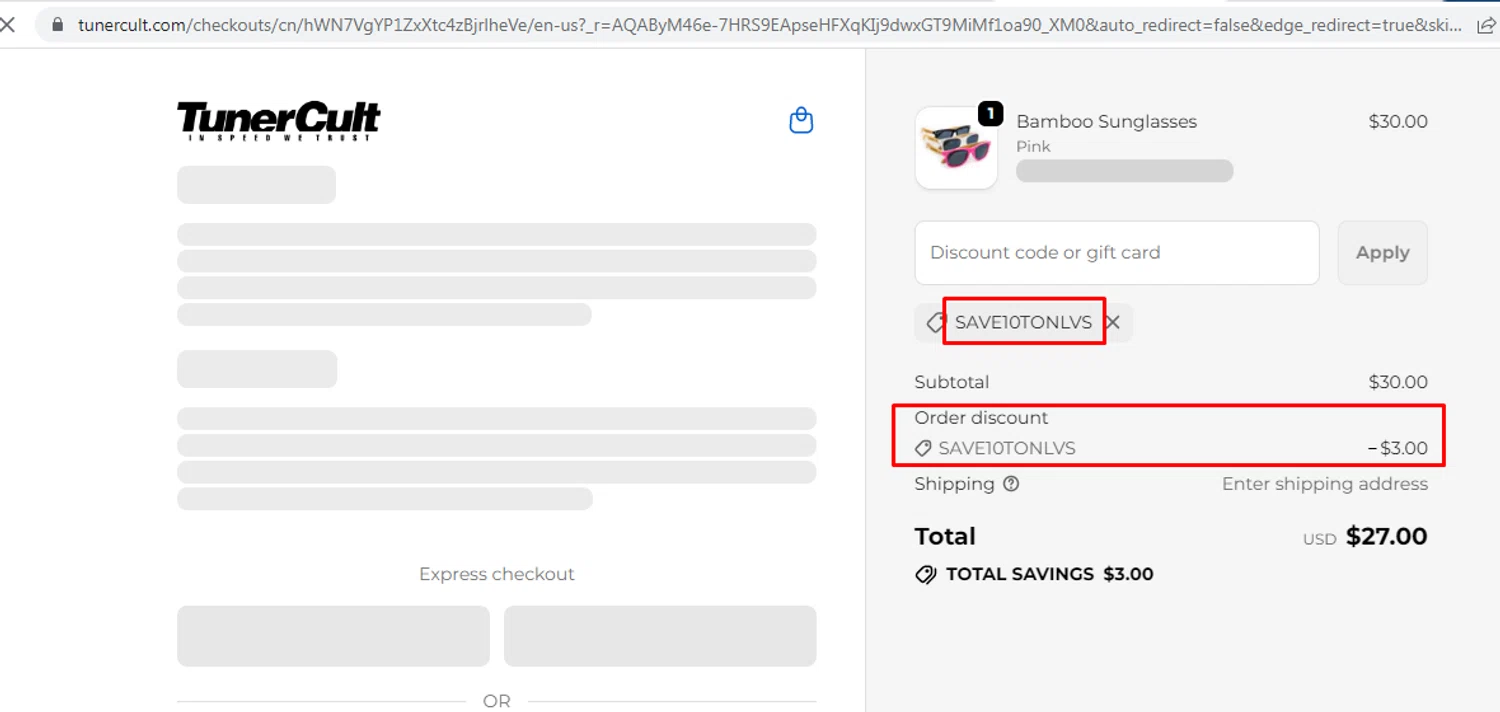 Tuner Cult promo code screenshot showing code SAVE10TONLVS applied at Tuner Cult checkout page. Uploaded by SimplyCodes community member nileskamarcano on Jan 12, 2026