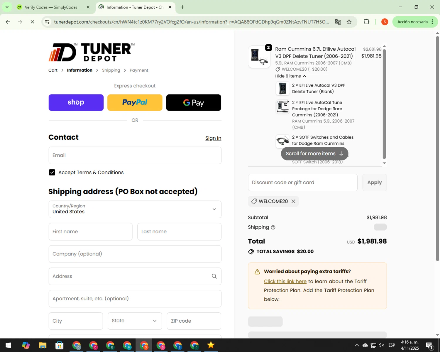 Tuner Depot discount code screenshot showing code WELCOME20 applied at Tuner Depot checkout page. Uploaded by SimplyCodes community member CrownBoss9623 on Nov 4, 2025