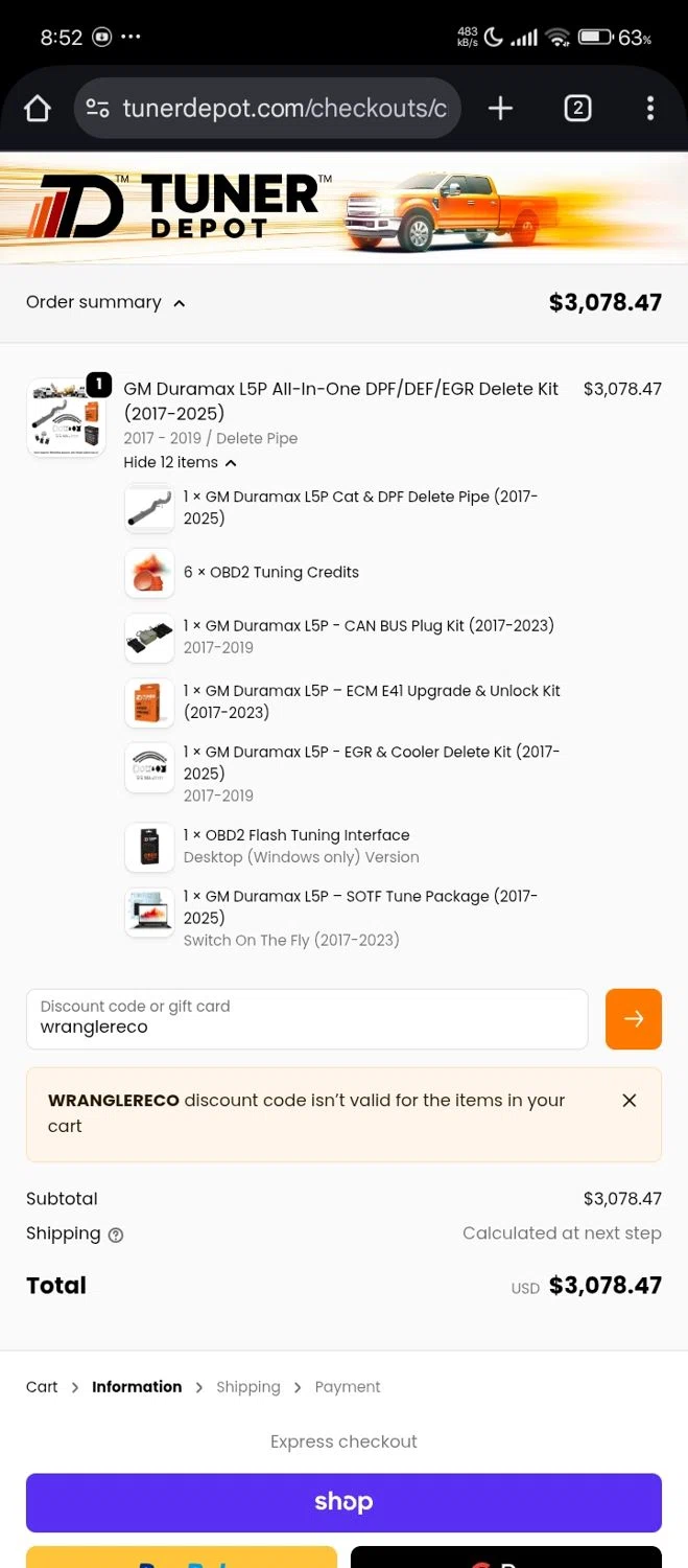 Tuner Depot discount code screenshot showing code wranglereco applied at Tuner Depot checkout page. Uploaded by SimplyCodes community member Lhhfhii on Nov 20, 2025