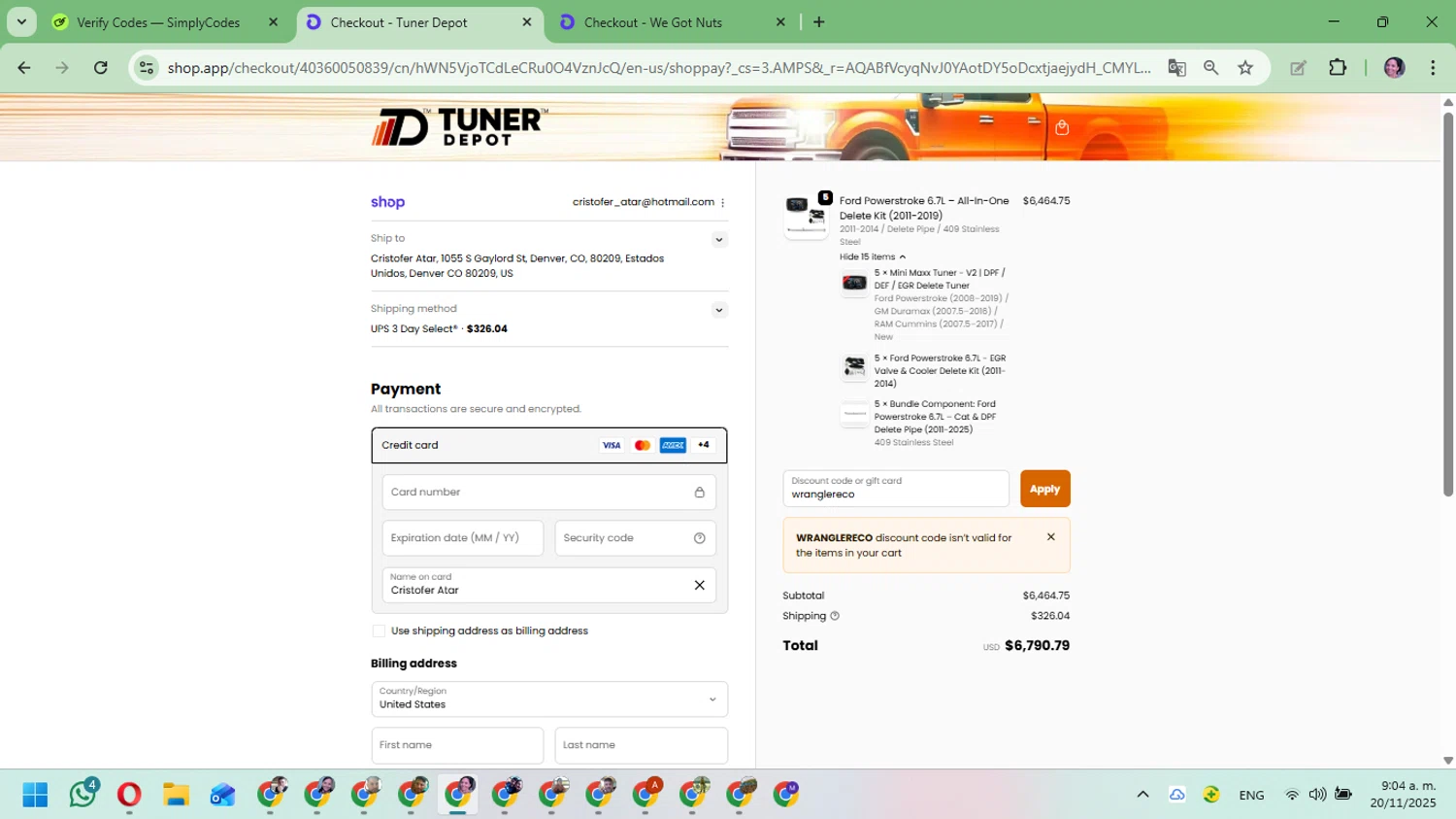 Tuner Depot discount code screenshot showing code wranglereco applied at Tuner Depot checkout page. Uploaded by SimplyCodes community member Mari_perez on Nov 20, 2025