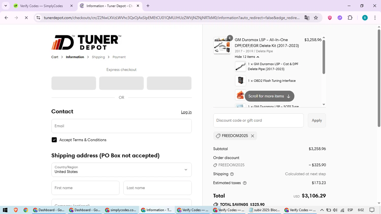 Tuner Depot discount code screenshot showing code FREEDOM2025 applied at Tuner Depot checkout page. Uploaded by SimplyCodes community member QuestScholar5572 on Jul 5, 2025
