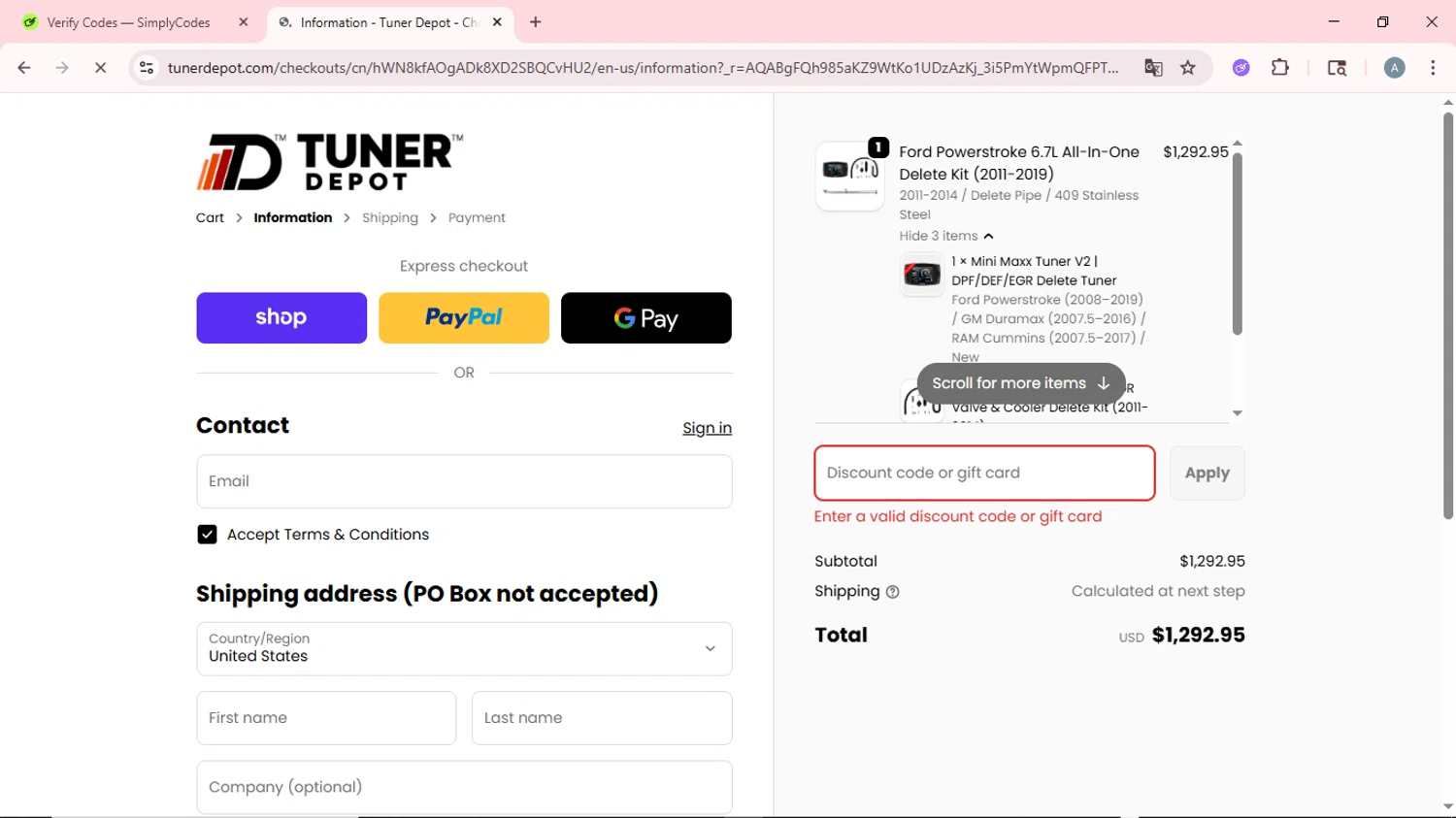 Tuner Depot discount code screenshot showing code WELCOME5 applied at Tuner Depot checkout page. Uploaded by SimplyCodes community member CrownSpotter6947 on Feb 13, 2026