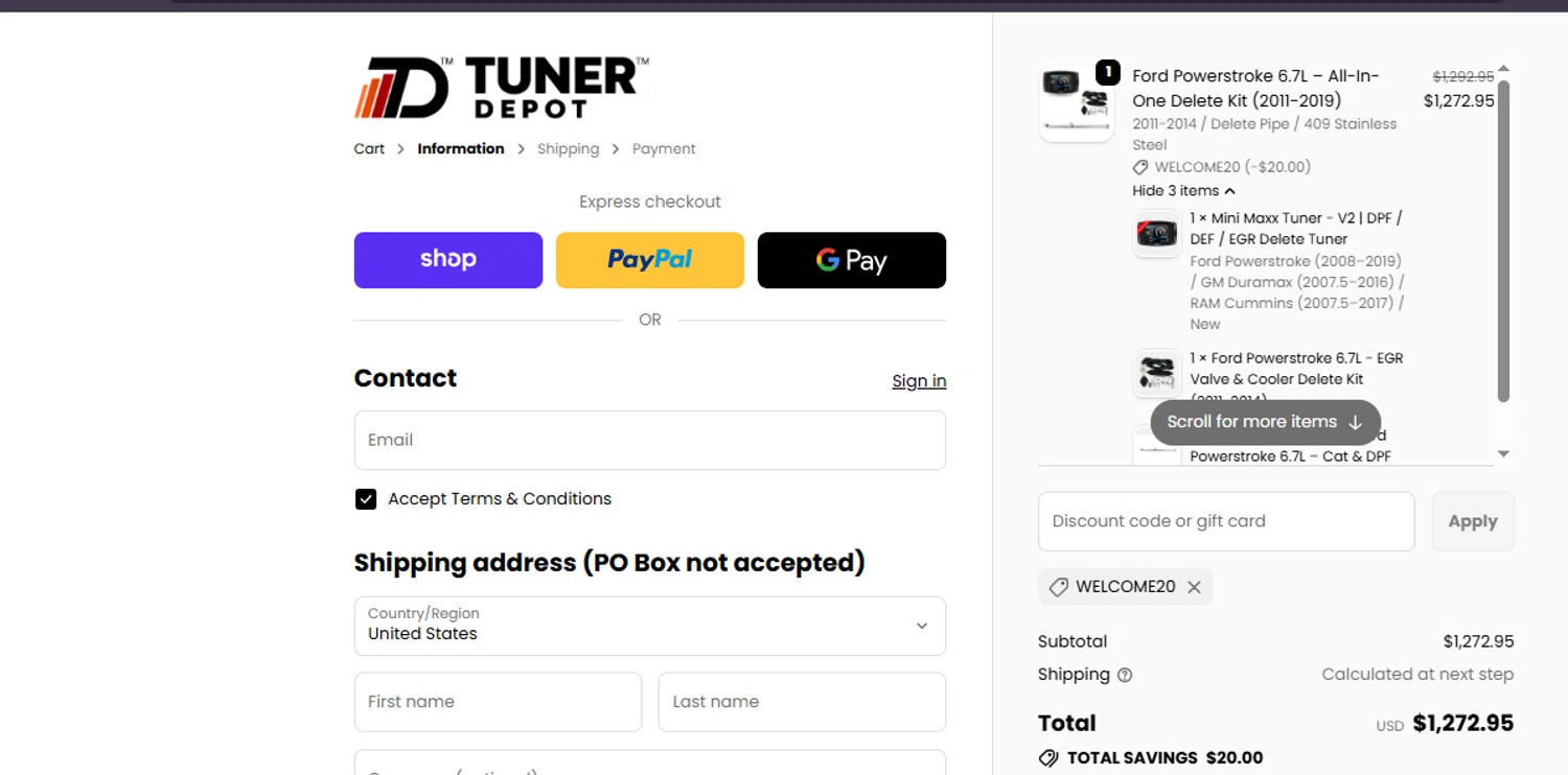 Tuner Depot discount code screenshot showing code WELCOME20 applied at Tuner Depot checkout page. Uploaded by SimplyCodes community member ashe1986 on Nov 20, 2025
