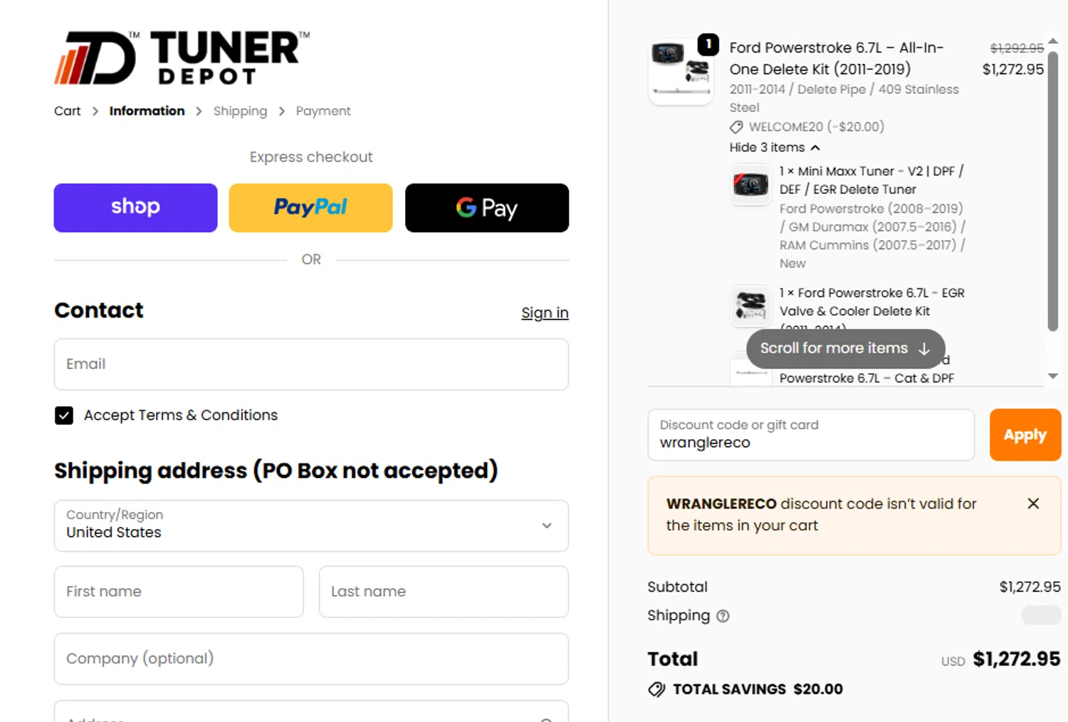 Tuner Depot discount code screenshot showing code wranglereco applied at Tuner Depot checkout page. Uploaded by SimplyCodes community member ashe1986 on Nov 20, 2025