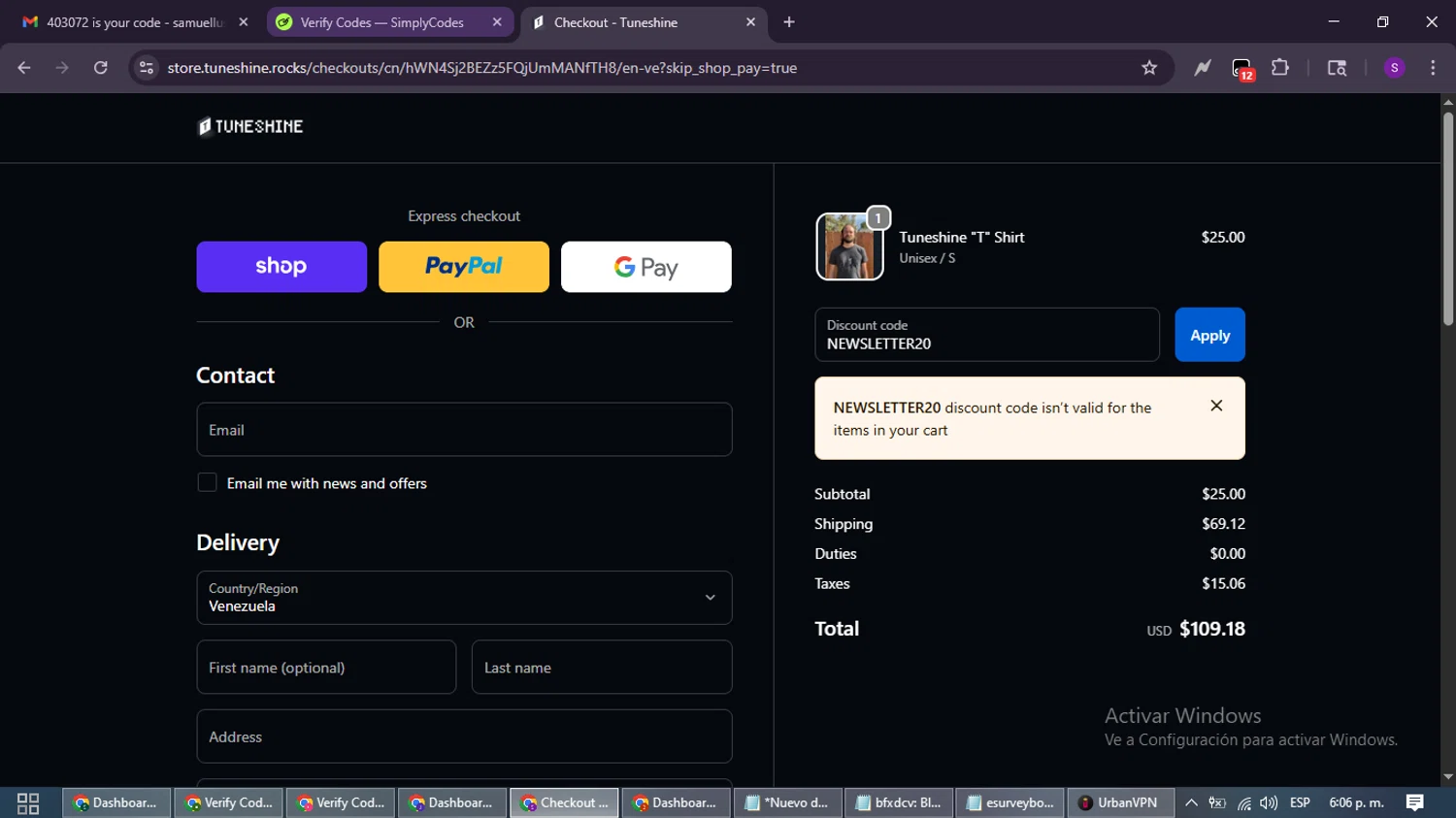 Tuneshine promo code screenshot showing code NEWSLETTER20 applied at Tuneshine checkout page. Uploaded by SimplyCodes community member ShieldWarden7838 on Oct 23, 2025