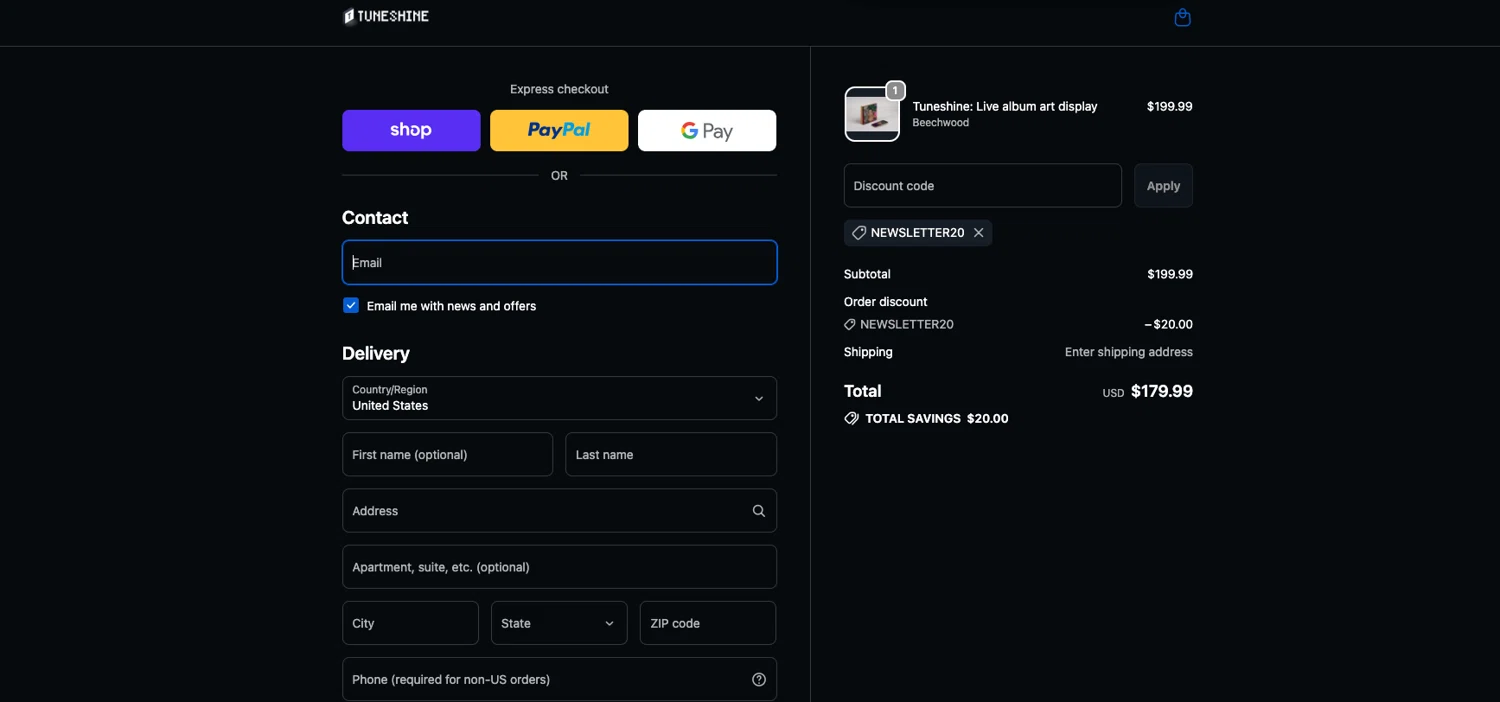 Tuneshine promo code screenshot showing code NEWSLETTER20 applied at Tuneshine checkout page. Uploaded by SimplyCodes community member ELOIN777 on Sep 25, 2025