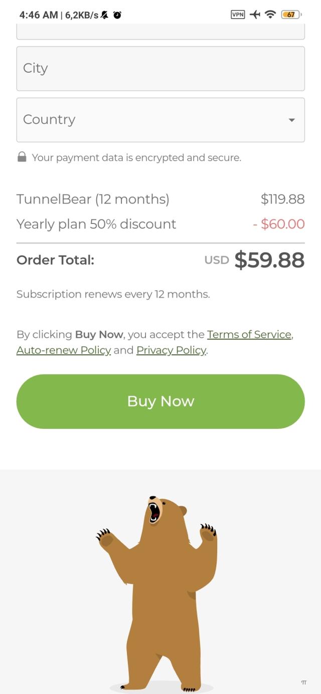 TunnelBear checkout page showing TunnelBear promo code box | Screenshot taken by SimplyCodes community member on Apr 10, 2021
