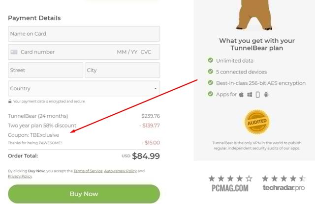 TunnelBear checkout page showing TunnelBear promo code box | Screenshot taken by SimplyCodes community member on Feb 22, 2021