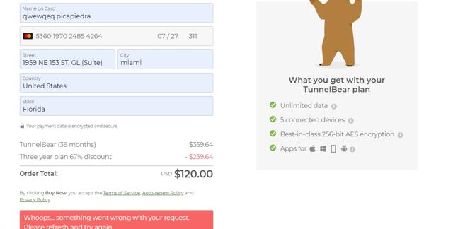 TunnelBear checkout page showing TunnelBear promo code box | Screenshot taken by SimplyCodes community member on May 15, 2021