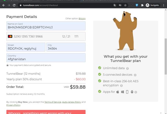 TunnelBear checkout page showing TunnelBear promo code box | Screenshot taken by SimplyCodes community member on Mar 15, 2021