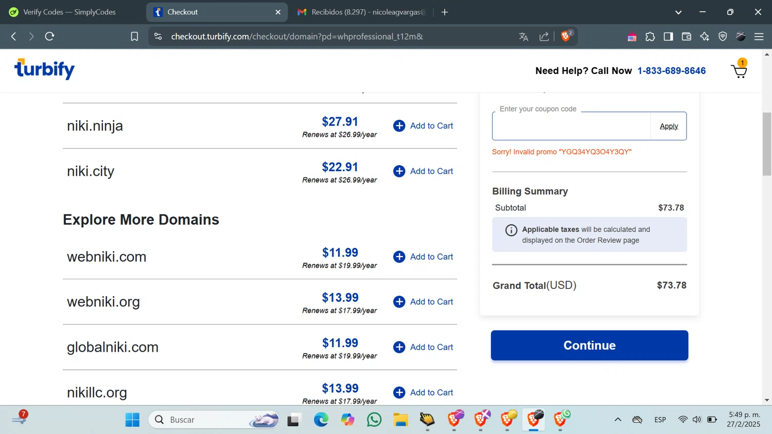 Turbify coupon code screenshot showing code YGQ34YQ3O4Y3QY applied at Turbify checkout page. Uploaded by SimplyCodes community member QuestFinder8736 on Feb 27, 2025