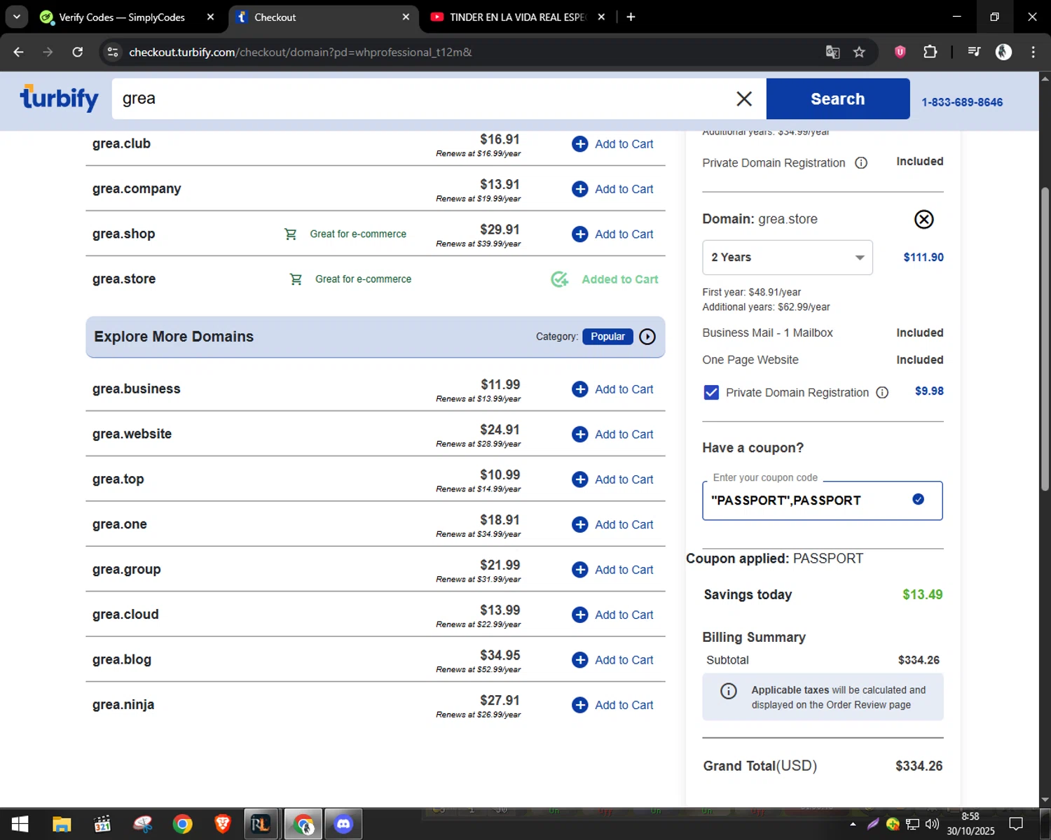 Turbify coupon code screenshot showing code PASSPORT applied at Turbify checkout page. Uploaded by SimplyCodes community member CleverSentinel9441 on Oct 30, 2025