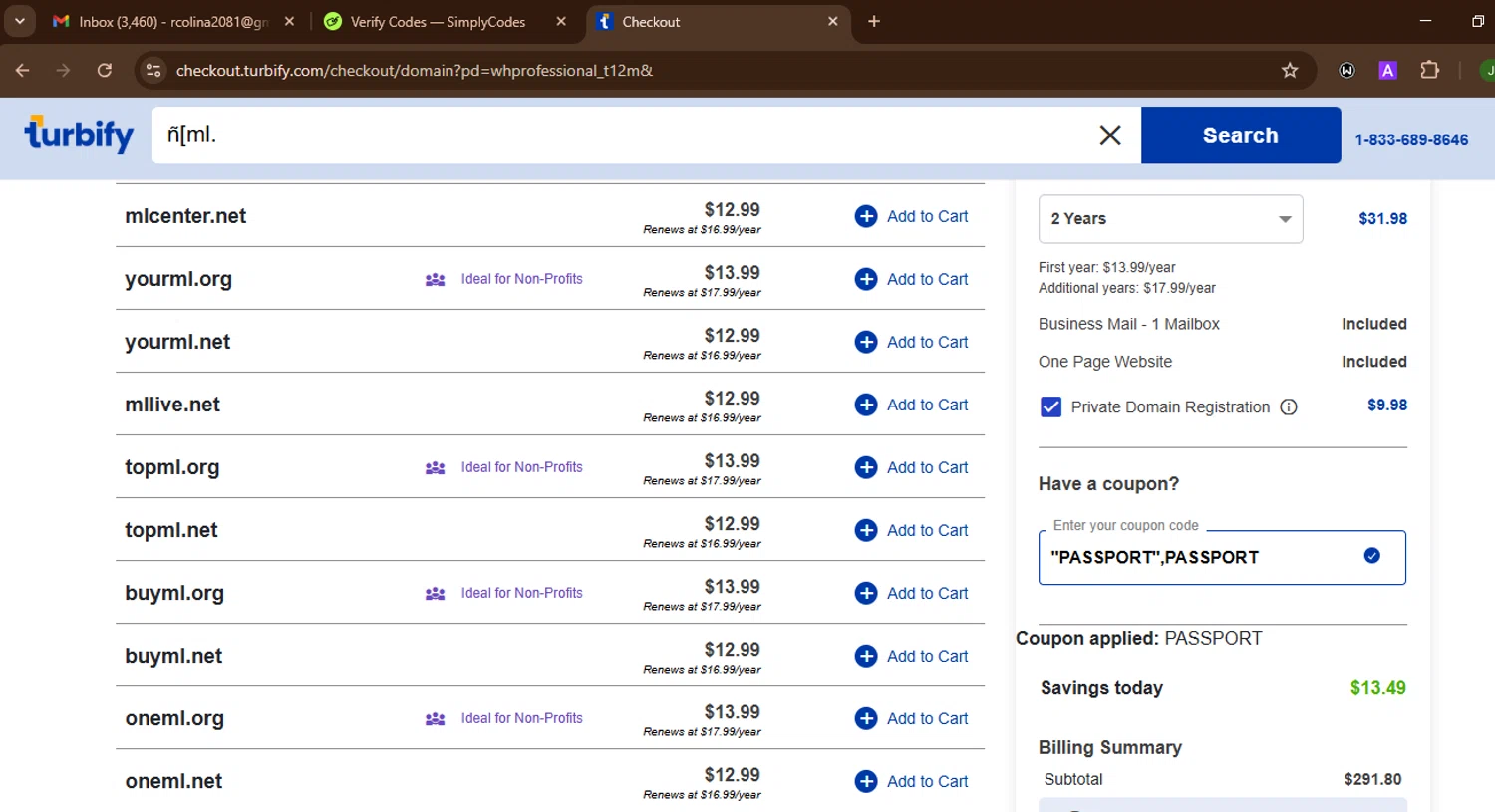 Turbify coupon code screenshot showing code PASSPORT applied at Turbify checkout page. Uploaded by SimplyCodes community member SnoopDogg on Sep 2, 2025