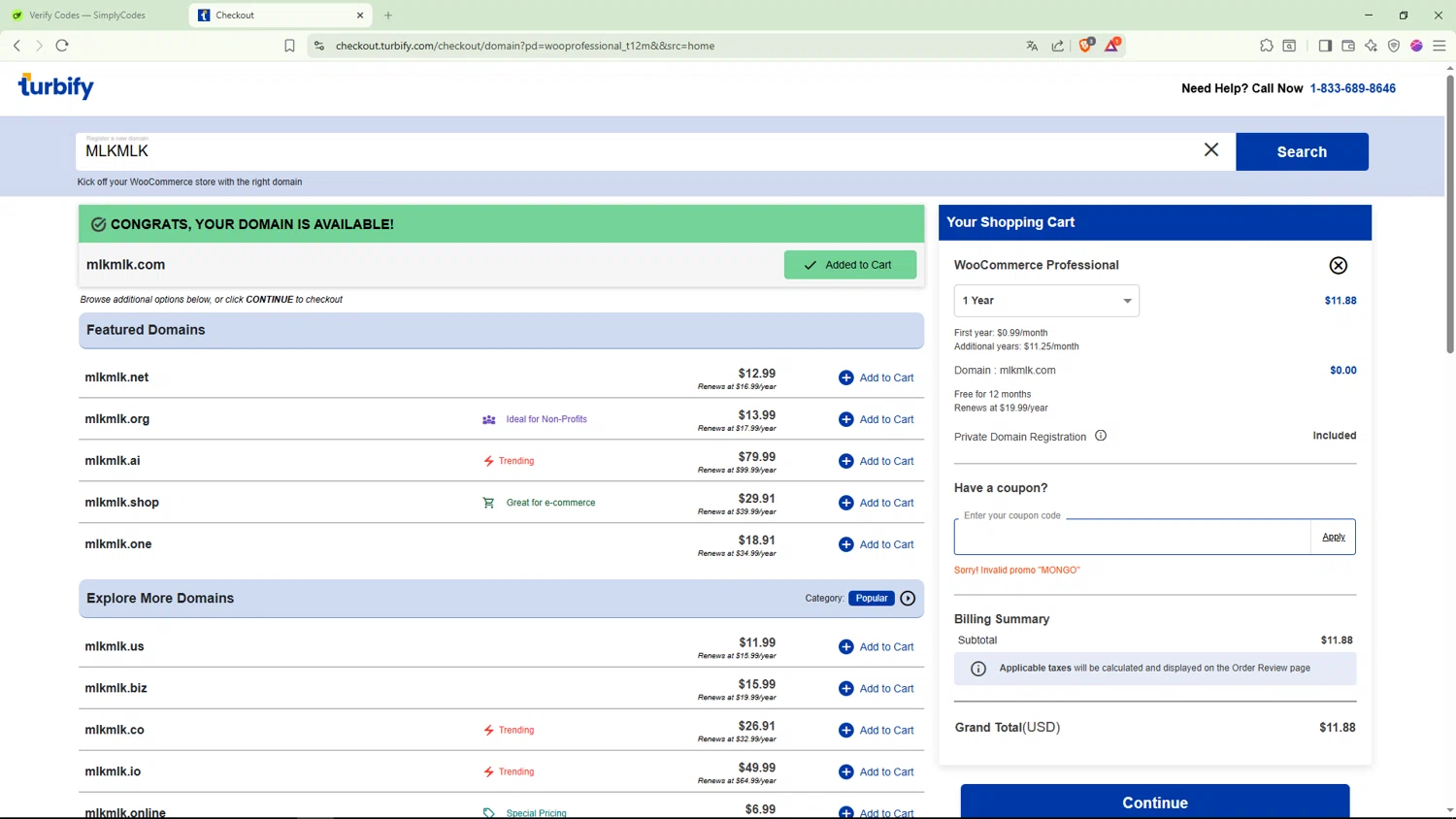 Turbify coupon code screenshot showing code MONGO applied at Turbify checkout page. Uploaded by SimplyCodes community member JoseVentura on Dec 29, 2025