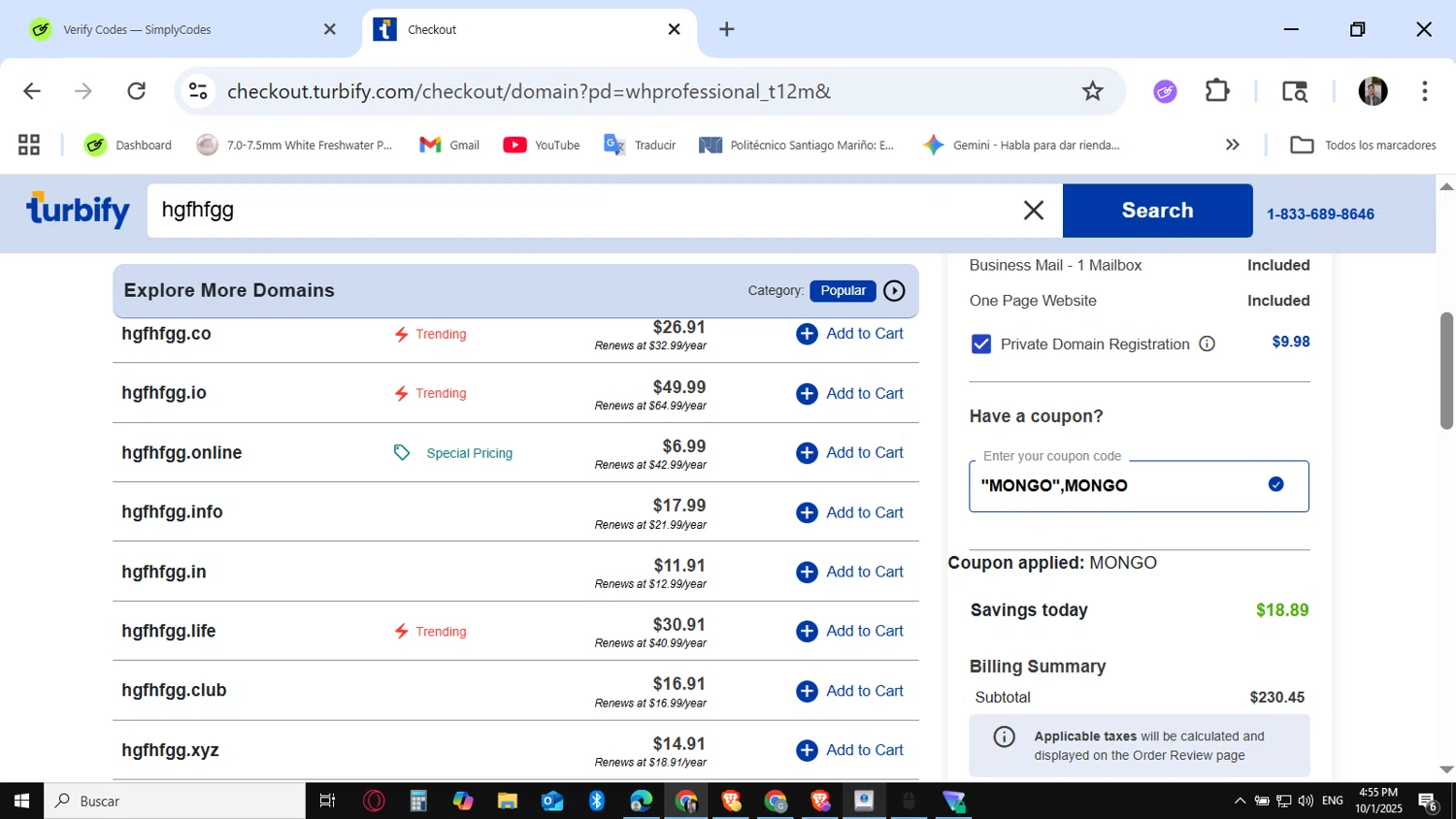 Turbify checkout page showing Turbify coupon code box | Screenshot taken by SimplyCodes community member on Oct 1, 2025