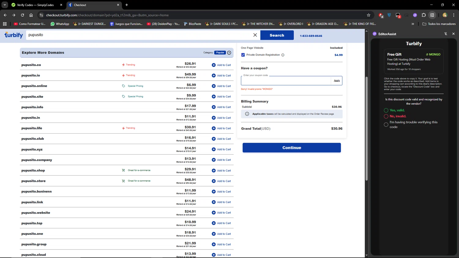 Turbify coupon code screenshot showing code MONGO applied at Turbify checkout page. Uploaded by SimplyCodes community member MiauMiau on Nov 30, 2025