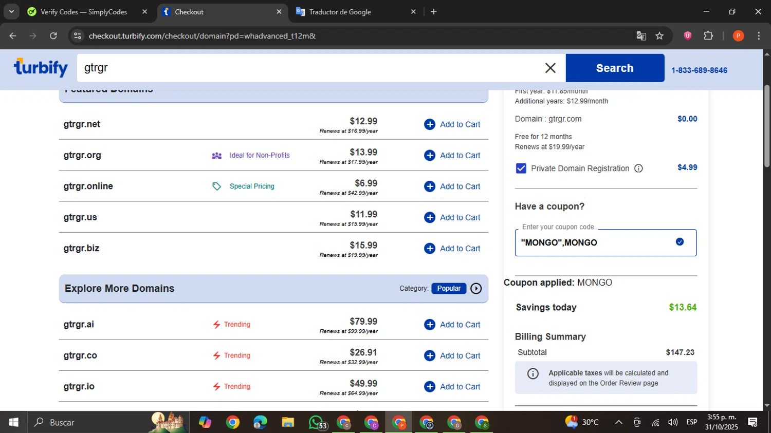 Turbify coupon code screenshot showing code MONGO applied at Turbify checkout page. Uploaded by SimplyCodes community member VictoriousCaptain2658 on Oct 31, 2025