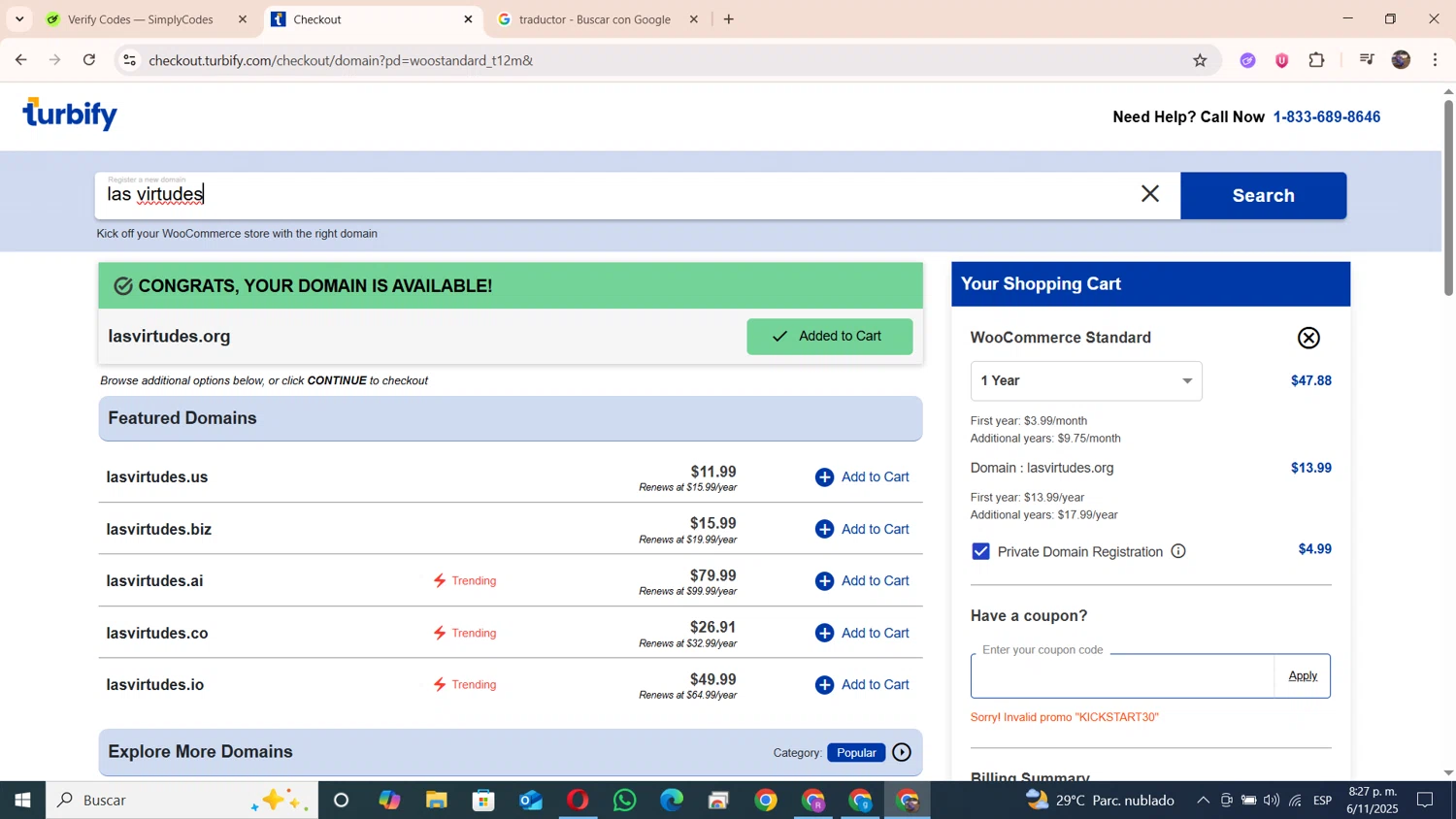 Turbify coupon code screenshot showing code KICKSTART30 applied at Turbify checkout page. Uploaded by SimplyCodes community member andresito16 on Nov 7, 2025
