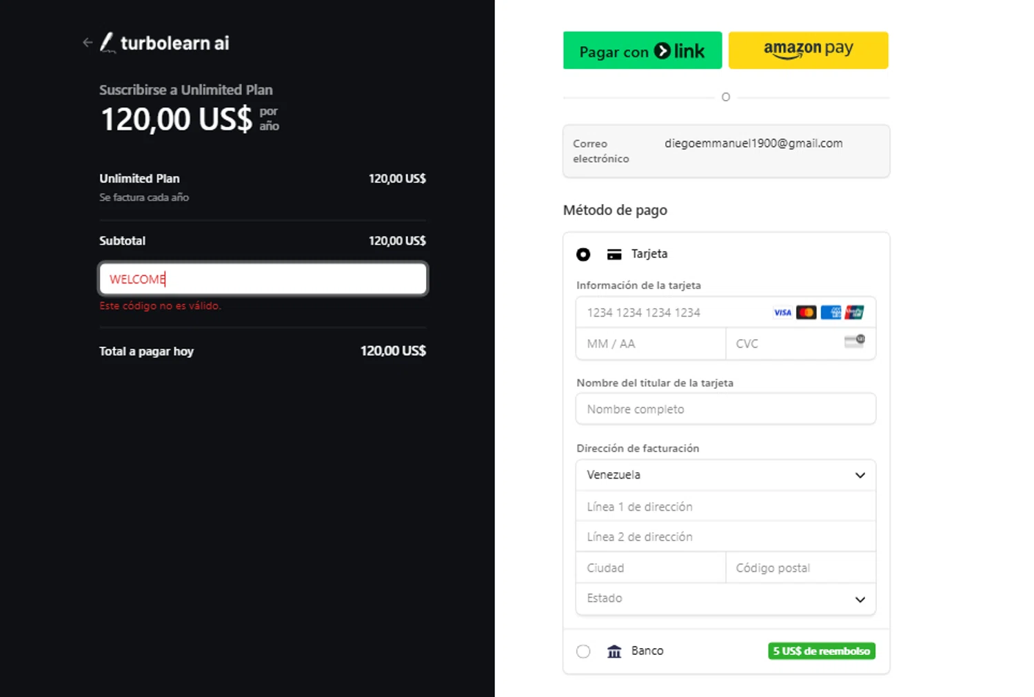 TurboLearn AI promo code screenshot showing code WELCOME applied at TurboLearn AI checkout page. Uploaded by SimplyCodes community member SavingsWhiz9509 on Aug 8, 2025