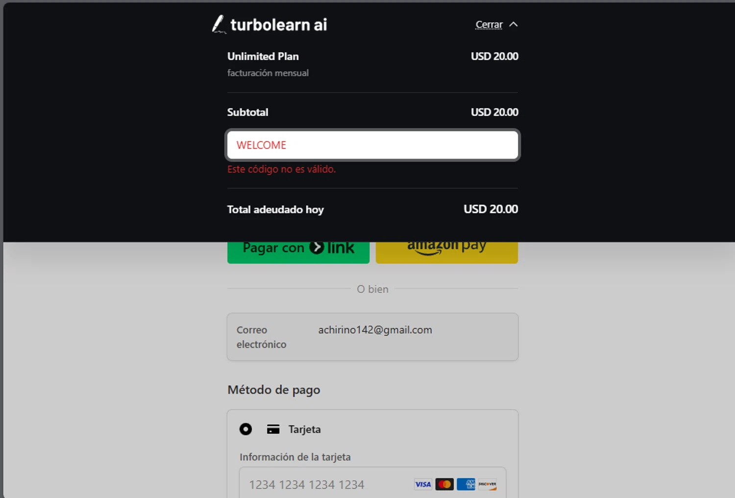 TurboLearn AI promo code screenshot showing code WELCOME applied at TurboLearn AI checkout page. Uploaded by SimplyCodes community member jupitera on Aug 8, 2025