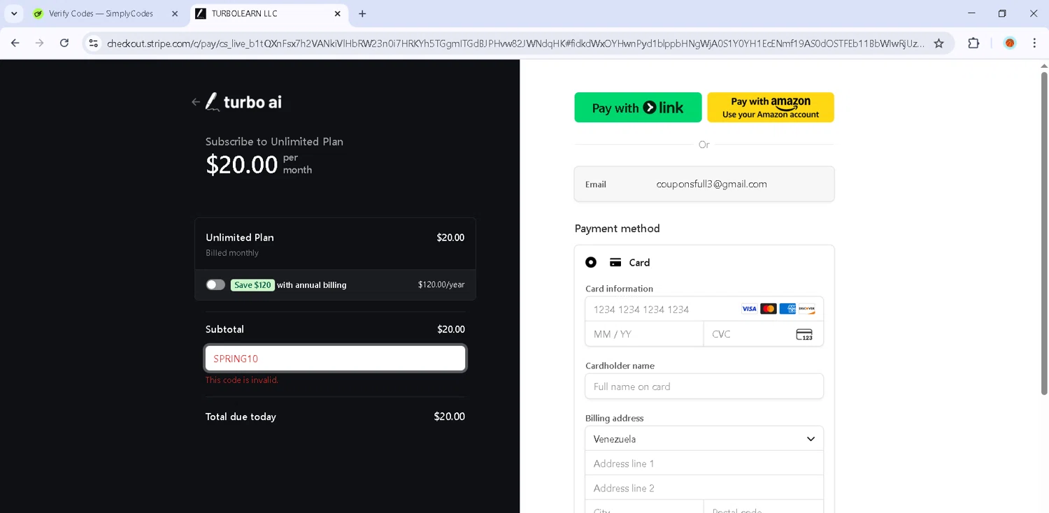 TurboLearn AI promo code screenshot showing code SPRING10 applied at TurboLearn AI checkout page. Uploaded by SimplyCodes community member Estefani4 on Sep 15, 2025