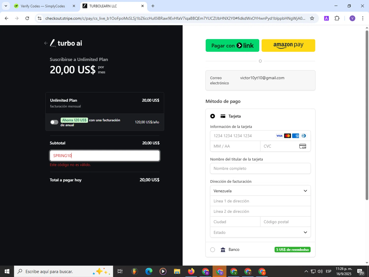 TurboLearn AI promo code screenshot showing code SPRING10 applied at TurboLearn AI checkout page. Uploaded by SimplyCodes community member Satoru_gojo on Sep 17, 2025